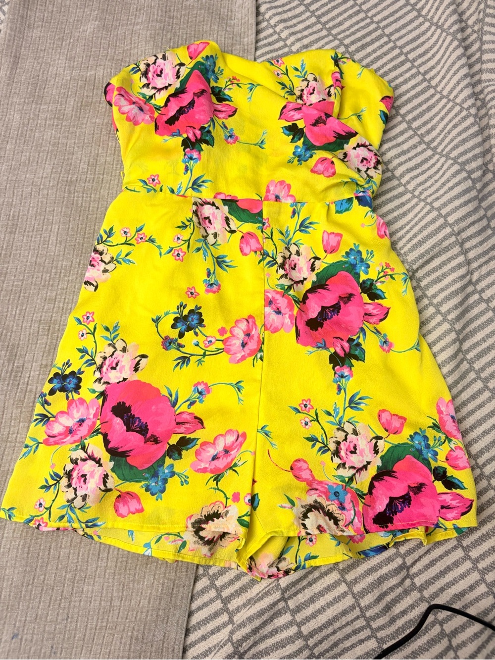 Express Bright Yellow Floral Strapless Romper